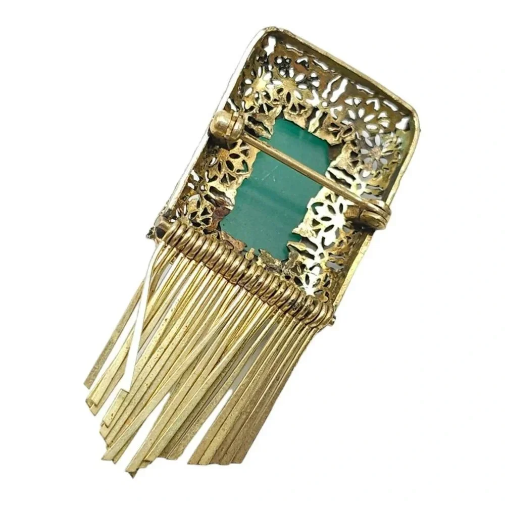 Green Glass Roman Soldier Art Deco Carved Fringe Brooch Pin Gold Tone Vintage